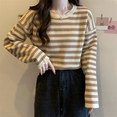 Hnewly  Women's Striped T-shirt Basic Tops Spring Autumn Fashion Color Contrast Loose O-neck Long Sleeve knitting Sweater