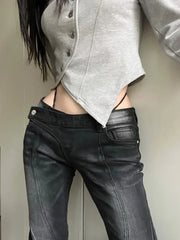 Hnewly  American Street Low-waisted Flare Pants Black Gray Gradient Denim Trousers Y2k Vintage Washed Straight Wide Leg