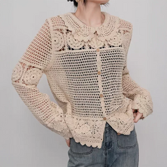 Hnewly  Granny Crochet Knit Cardigan for Women Long Sleeve Collared Button-up Blouse Openwork Knit Cardi Top Vintage Outfit