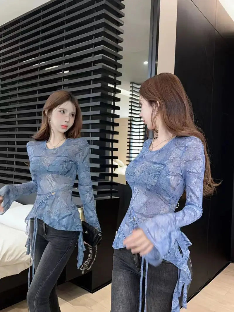 Hnewly  Elegant Sweet Mesh Long Sleeve T-shirts Y2k Slim Fit Irregular Top for Women Spring New Bottoming Blue Tee Shirt