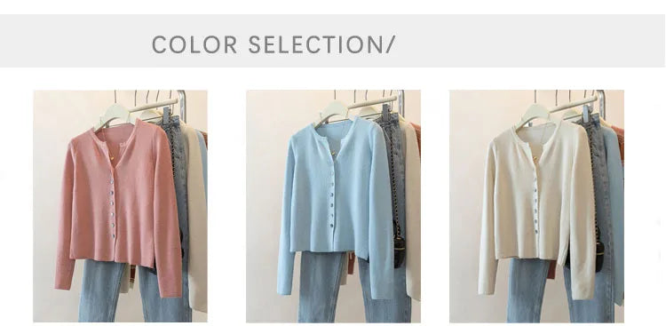 Hnewly Blue Knitted Cardigan Sweater Women's French Autumn  Winter Soft O-neck Single Breasted Outwear Elegant Long Sleeved Slim Top