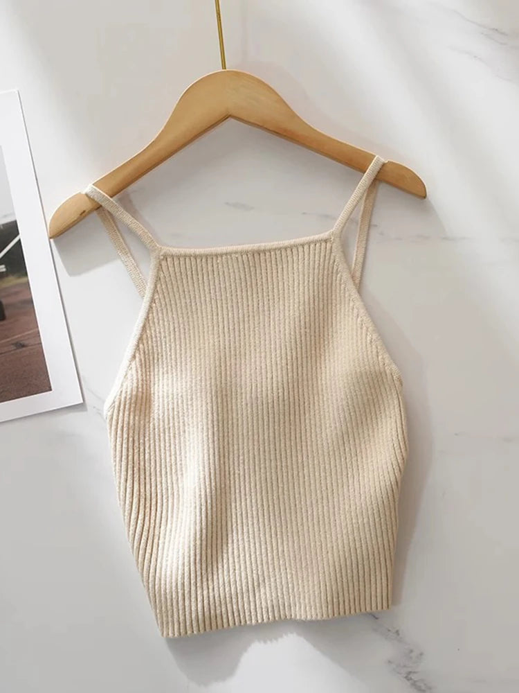 Hnewly Women Slim Knitted Camis Summer Fashion Ladies Vintage Blackless Tank tops Female Cute Sweet Solid Color Cropped Tops