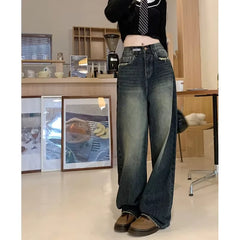 Hnewly Women's Harajuku Style Loose Wide Leg Jeans Autumn Winter Street Fashion Retro Straight Loose Denim Trousers ﻿