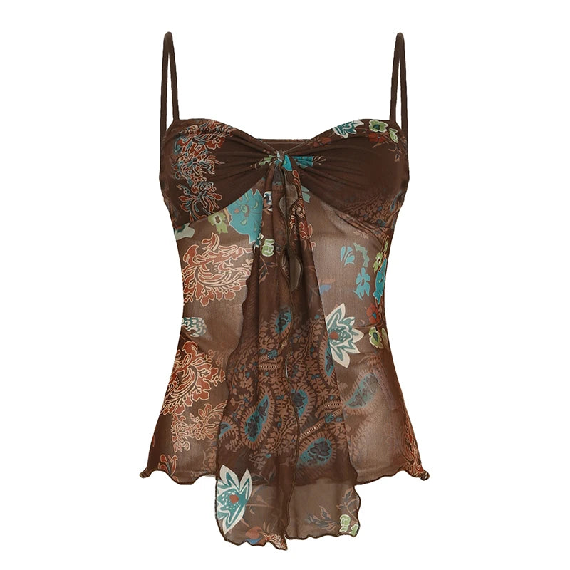 Hnewly Retro Mesh Floral Print Camis Sexy See Through Sleeveless Crop Top y2k Vintage Ruffles Tee Summer Holiday Transparent Top