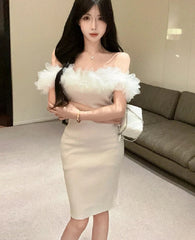 Hnewly  Woman Dress Petal Patchwork Off Shoulder Slim Stretch Backless Sweet Sexy Elegant Knitted Dresses Female Fashion Party