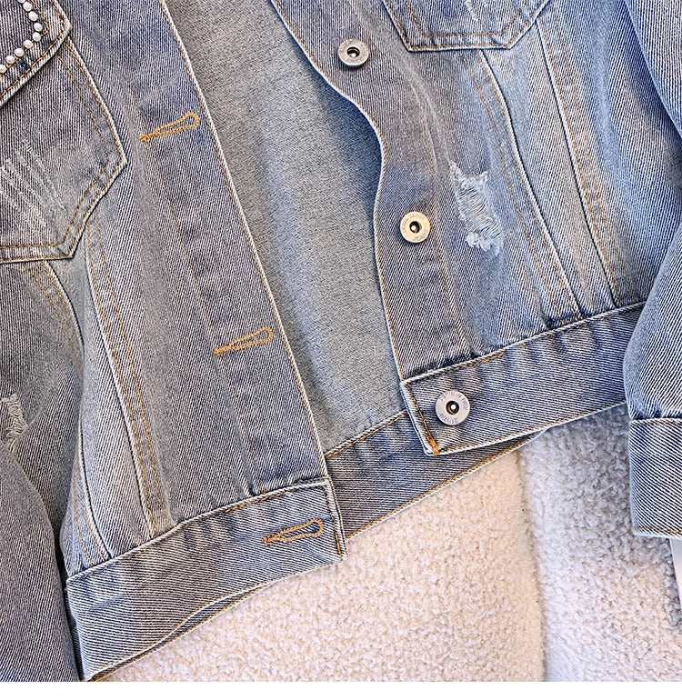 Hnewly  Women Denim Jacket Spring Autumn 2025 New Popular Sweet Luxury Beaded Short Top Loose Long Sleeve Lapel Single Breasted  Coat