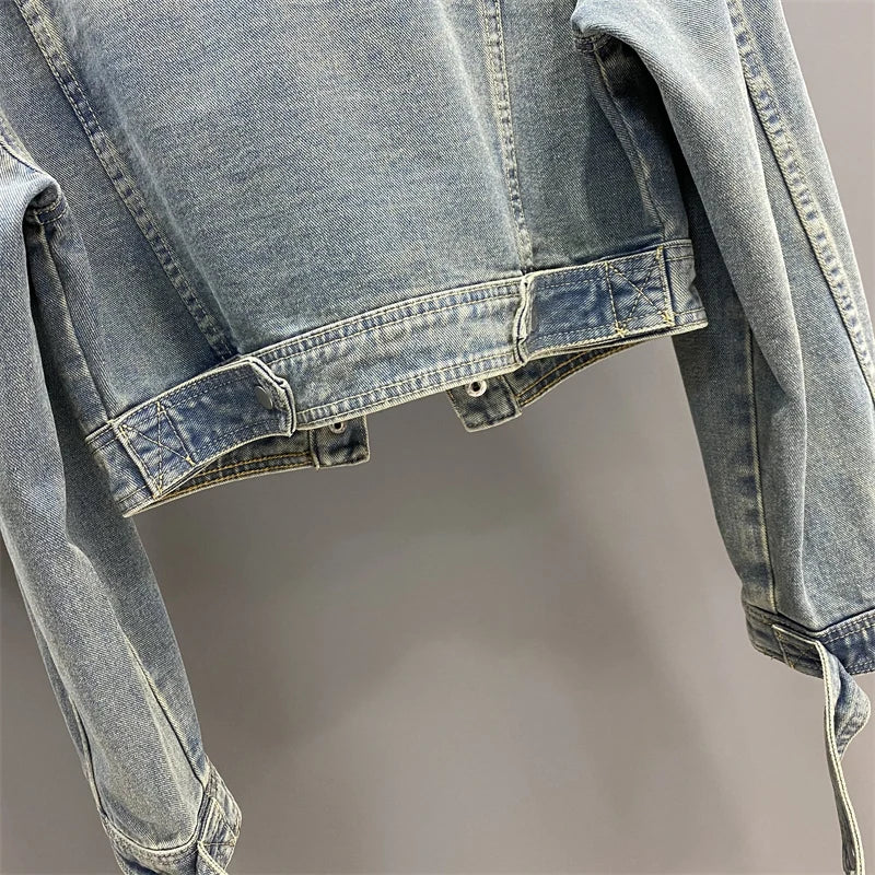 Hnewly  Women Standing Collar Denim Short Jacket Washed  Polished White Retro Motorcycle Outwear Spring Fashion Slim Long Sleeved Top