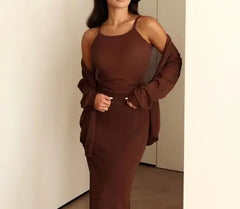 Hnewly  Women's Elegant Soft Two-Piece Set Long Sleeve Multi Button Coat  and Sleeveless Strap Dress Design for Leisure Wear ﻿