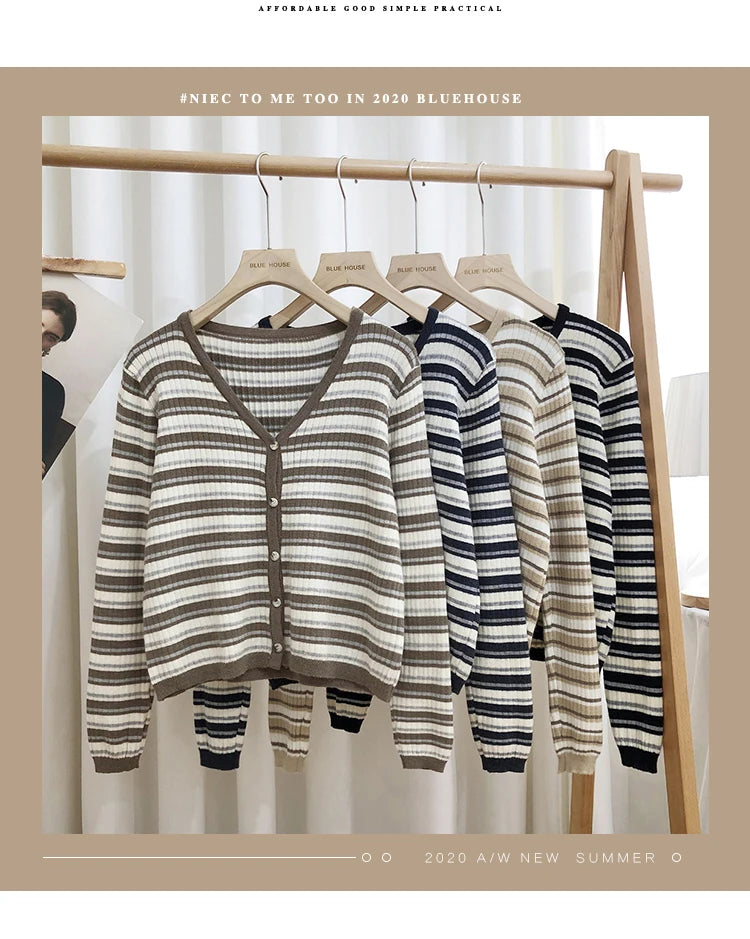 Hnewly  Women's Retro Striped Sweater Korean V-neck Contrasting Spring Autumn Long Sleeved Knitted Cardigan Coat  All-Matchded Loose Top