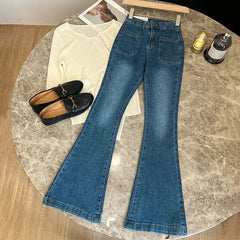 Hnewly  New High Waist Trousers Loose Washed Jeans Pockets Slim Denim Flare Classic Women Vintage Stretch Straight Trousers All-match