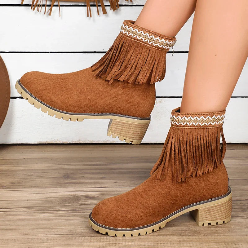 Hnewly Womens Fashion Embroidered Ankle Boots Comfort Thick Wedge Heel Zipper Tassel Faux Suede Short Boots Cowboy Cowgirl Shoes 2024
