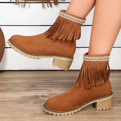 Hnewly Womens Fashion Embroidered Ankle Boots Comfort Thick Wedge Heel Zipper Tassel Faux Suede Short Boots Cowboy Cowgirl Shoes 2024