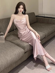 Hnewly  Sexy Dresses Women Sleeveless Slash Neck Satin Elegant Slim Summer Fashion Temperament Party Dress Female Sexy Backless