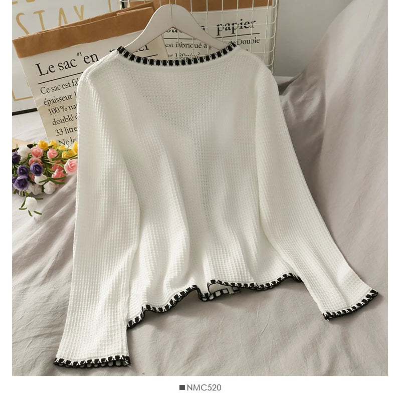 Hnewly  Autumn Spliced Color Knitted 2 Piece Sets Women Elegant V-neck  Single Breasted Cardigan And High Waist Wide Leg Pants Suit