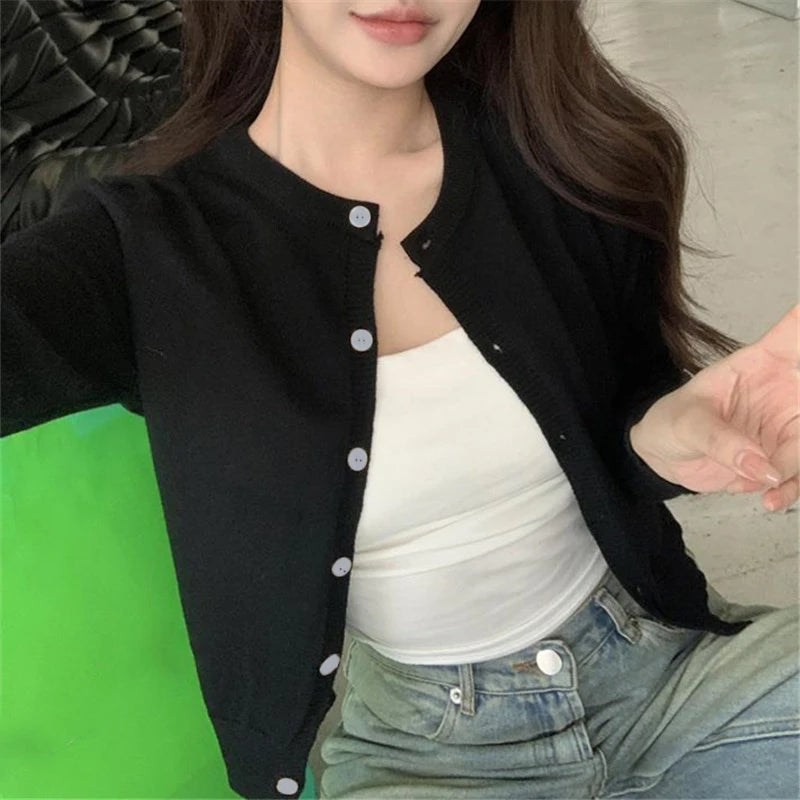 Hnewly Red Cardigan Knit Early Autumn Women Clothes New Outdoor Crop Sweater Outerwear Long Sleeve Top Bottoming Shirt