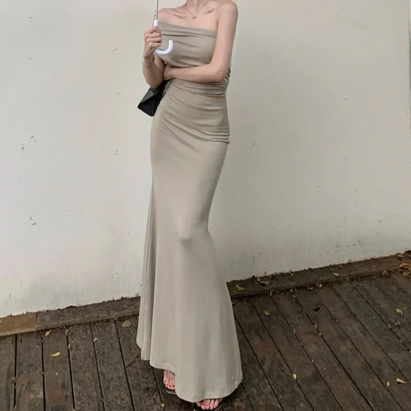 Hnewly Women's Summer One Shoulder Pleated Slimming Top, Slim Fit Half Skirt, Long Skirt Two-Piece Set
