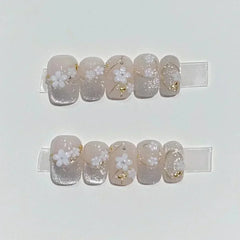 Hnewly 10pcs Mini Flower Fake Nails Short Square Press on Nails Glitter Cat Eye False Nails Full Cover Sweet Cute Manicure Nail Art Tip