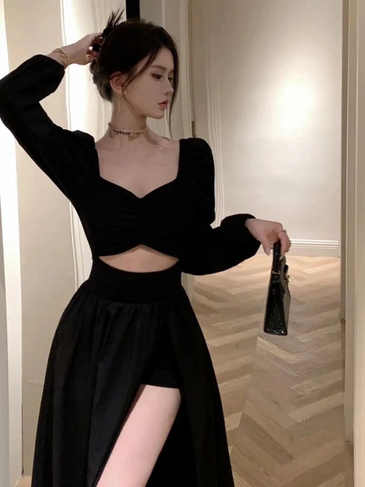 Hnewly holiday dress Long Sleeve Dresses Women Clothes Gown Sexy Side-slit Solid Maxi Vestidos Mujer Chic Autumn French Streetwear Unique Design New