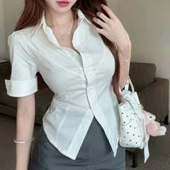 Hnewly  White Sexy Slim Fit Blouse Women Summer Waist Slimming Turn Down Collar Cropped Shirts Woman Y2K Fashion Button Up Crop Tops