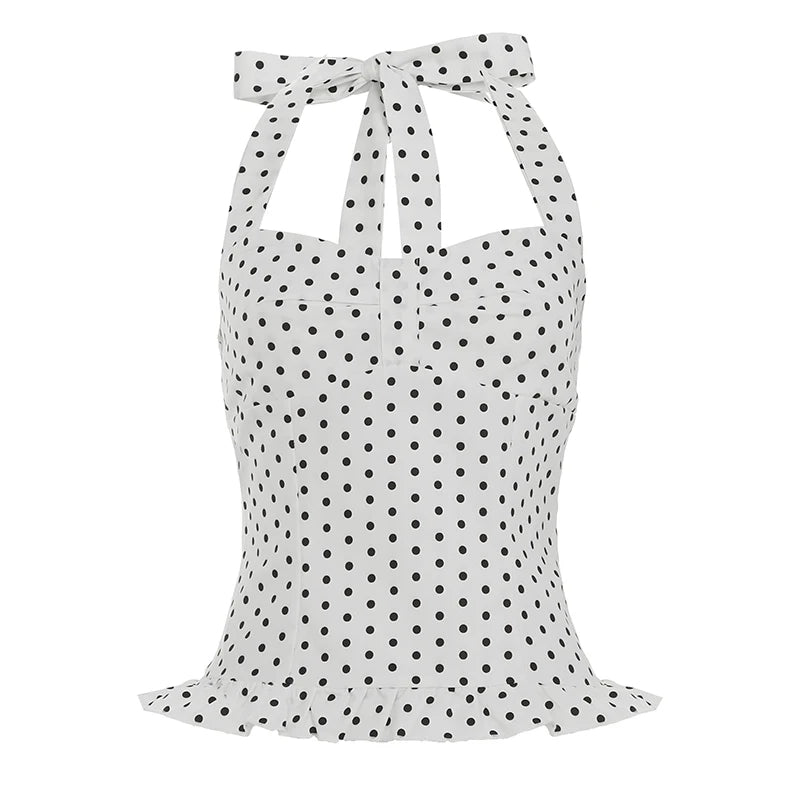 Hnewly Sweet Polka Dot Tank Top Elegant Cute Sleeveless Lace-up Halter Cropped Top for Women Summer Holiday Tees Korean Fashion