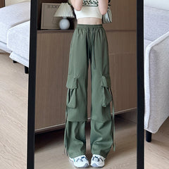 Hnewly  Bandage Street Woman Pink Solid Cargo Pants Spring American Pockets New Ladies Trousers Loose High Waist Female Wide Leg Pant