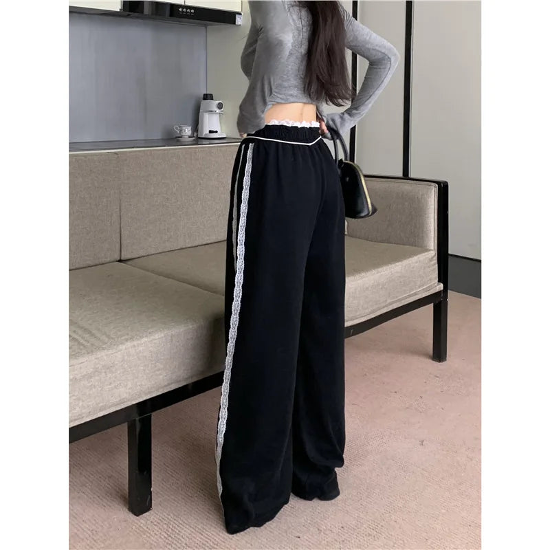 Hnewly  Wide Leg Pants Ivory Womens Spring Bamboo-Cotton Sportwear Activewear Splicing Banded Adjustable Cozy Girls Elasticity Trousers