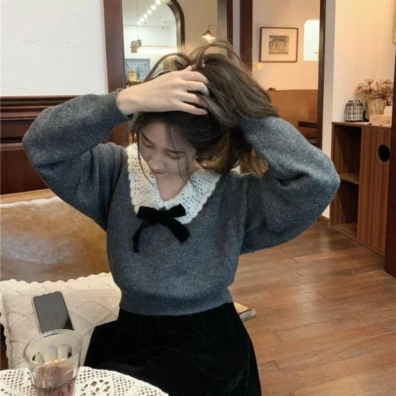 Hnewly Korean Style Sweaters Women Kawaii Sweet Elegant Knited Pullovers Grey Bow Vintage Patchwork Autumn Winter Sweaters