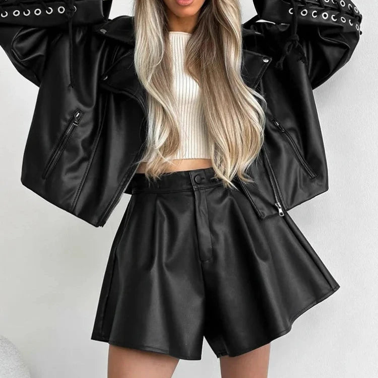 Hnewly Black Leather Shorts Women Autumn Winter Pleated High Waist Sexy Pu Shorts Casual Wide Leg Shorts Female Office Ladies