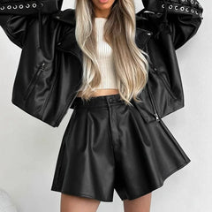 Hnewly Black Leather Shorts Women Autumn Winter Pleated High Waist Sexy Pu Shorts Casual Wide Leg Shorts Female Office Ladies
