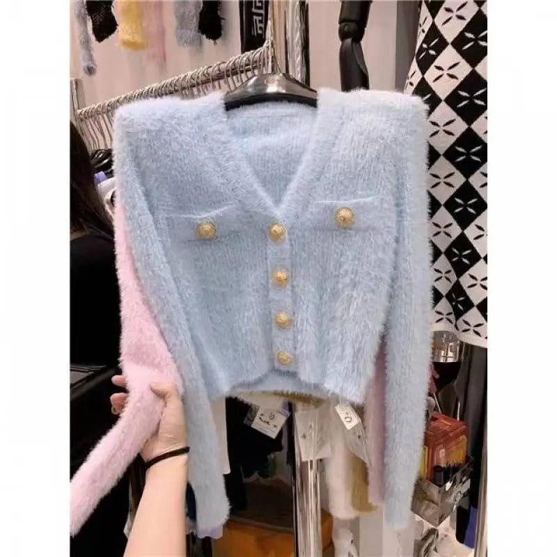 Hnewly  Fuzzy Knit Crop Cardigan with Gold Button Long Sleeve V-neck Fitted Sweater Jacket Teen-girl Autumn Winter Y2K Outfit