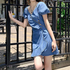 Hnewly  Summer Bodycon Denim Dress Woman Chic Meimaid Ruffle Knitted Dresses Ladies Casual V-Neck Bubble Sleeves Short Dress Mujer