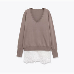 Hnewly  Casual Knitted Lace Patchwork Sweater Women Loose V-neck Full Sleeve Female Pullover Spring Lady Cozy All-match Knitwear
