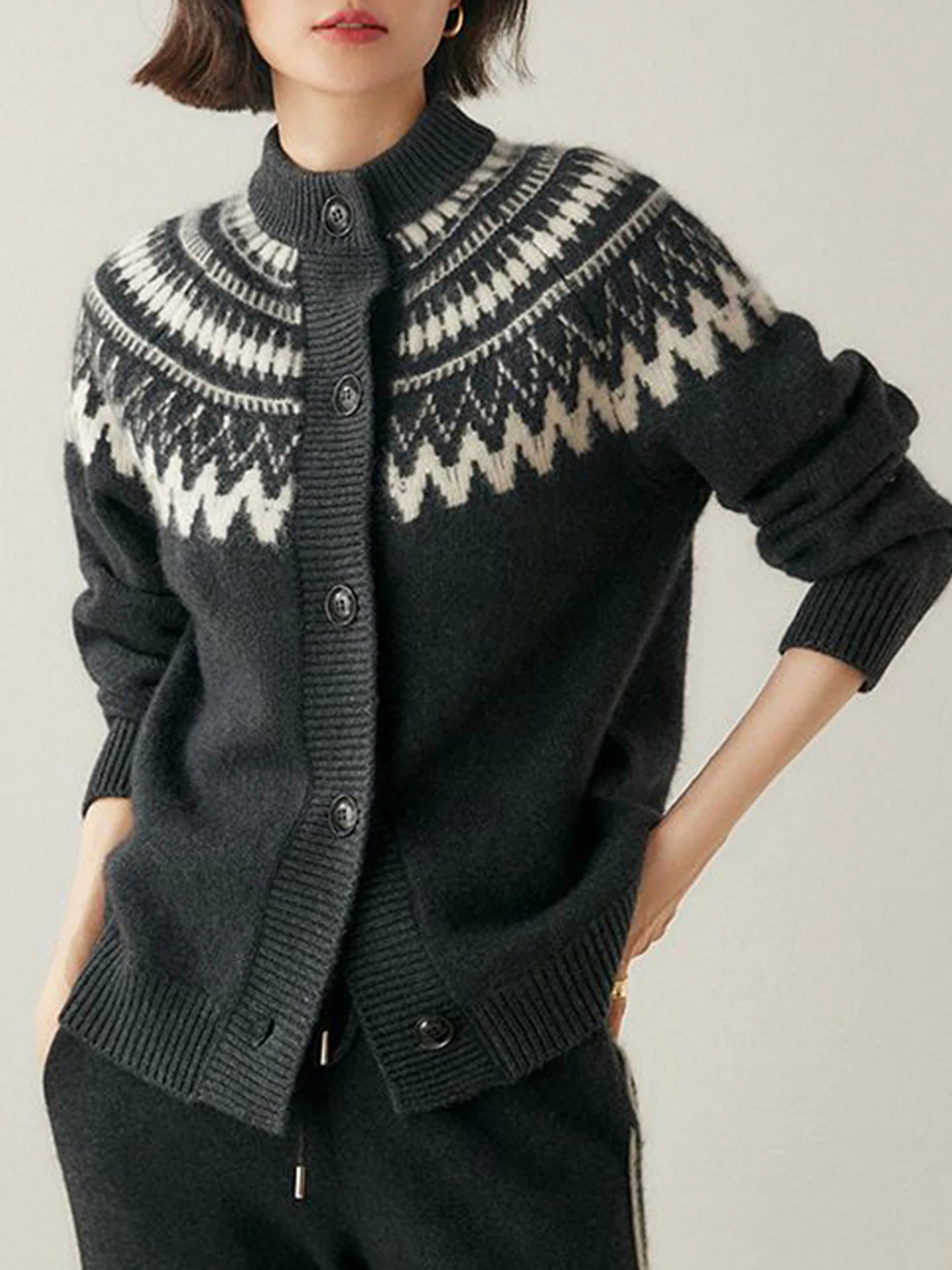 Hnewly  Fair Isle Knit Sweater Cardigan Women Cozy Stand Collar Button Front Sweater Jacket Teen-Girl Fall Winter Vintage Chic Outfit