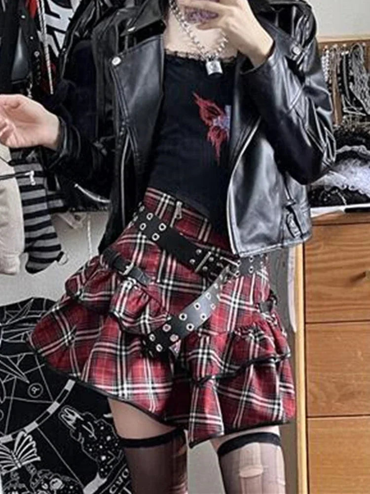 Hnewly Fashion Streetwear Gothic Y2k Red Plaid Skirt Women Harajuku Emo E-girl High Waist Cake Skirt Fairycore Grunge Clubwear