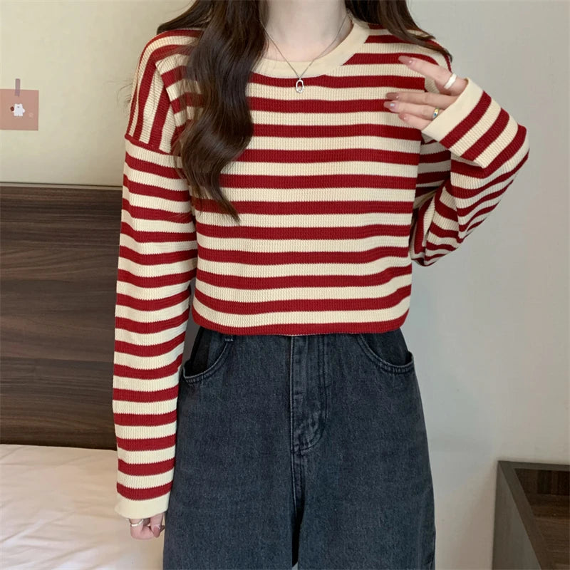 Hnewly  Women's Striped T-shirt Basic Tops Spring Autumn Fashion Color Contrast Loose O-neck Long Sleeve knitting Sweater