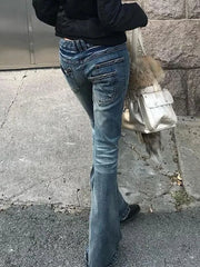 Hnewly  Y2k Aesthetic Women Zipper Denim Pant Spring High Waist Vintage Hollow Out Hole Harajuku Pants Streetwear Grunge Flared Trousers