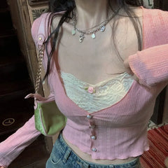 Hnewly  Y2k V-neck Patchwork Lace Cardigan for Women Thin Long Sleeve Tops Mujer Spring Autumn New Slim Fit Knitted T-shirts