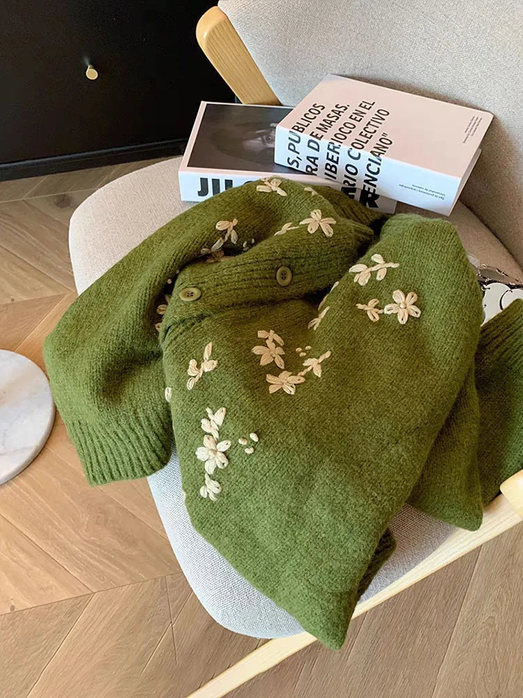 Hnewly  Green Crochet Knitted Sweater Women's Retro Soft  Embroidery Loose Long Sleeved Jacket Round Neck Single Breasted Cardigan Top