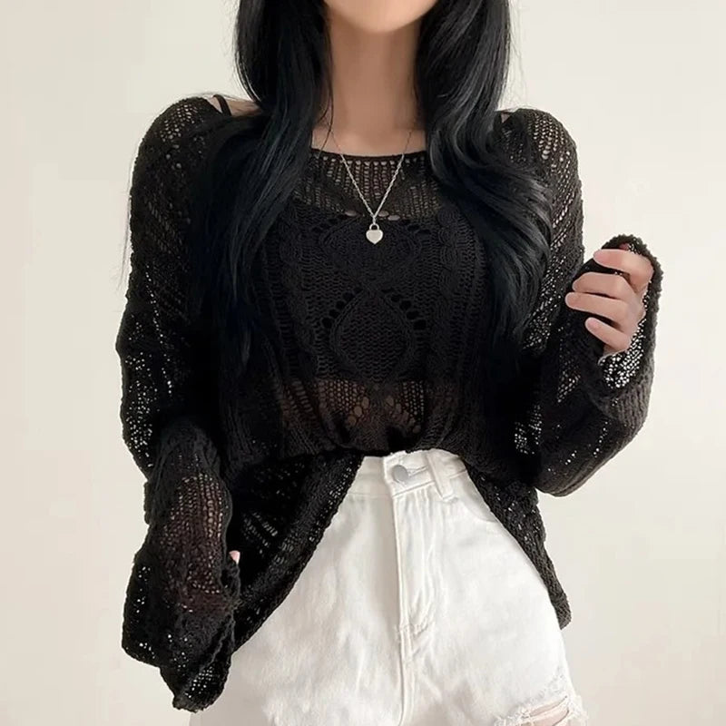 Hnewly  Long Sleeve Crochet Top Cable Knit Summer Beach Bikini Cover Up Crop Pullover Openwork Blouse Women Vacation Boho Outfit