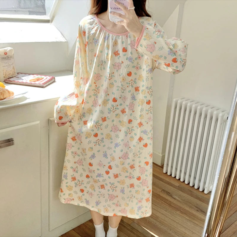Hnewly Long Sleeve Nightgowns Women Floral Bow Temper Autumn Home Cozy Aesthetic O-neck Prairie Chic All-match Sleepwear Korean Style
