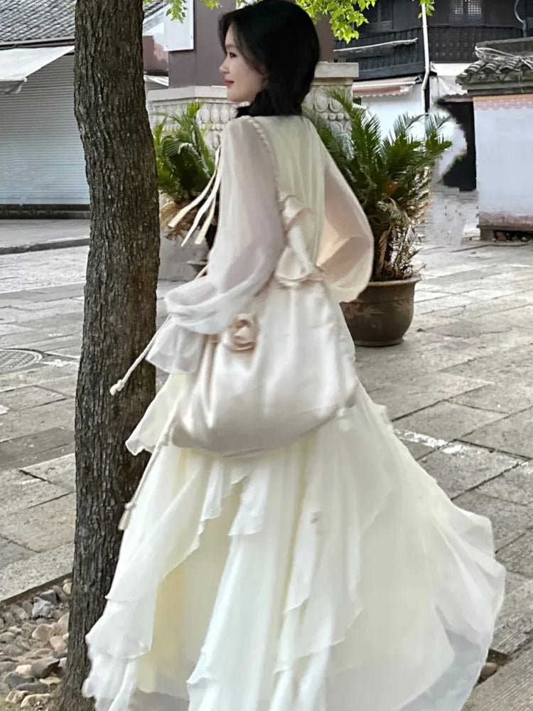 Hnewly French Fairycon Ruffles Dresses For Women's 2025 New Summer Fashion V-Neck White Long Puff Sleeve Dress Holiday Beach Vestiods