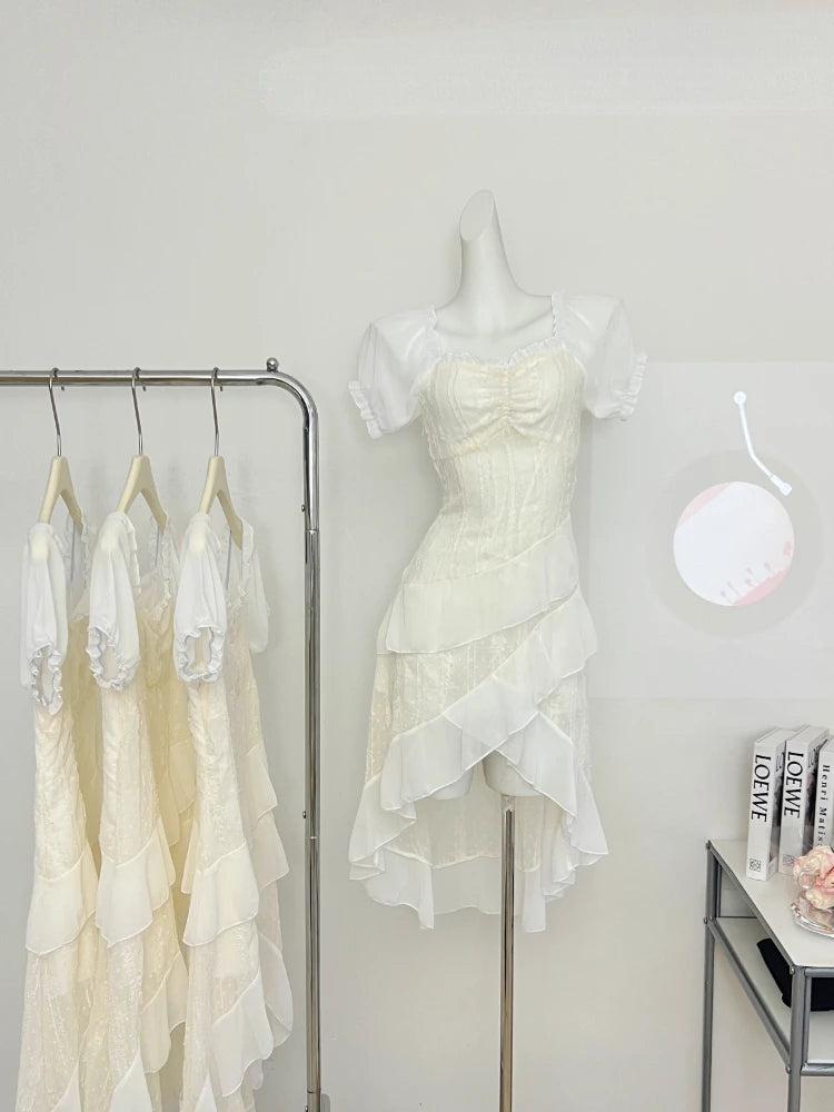 Hnewly French Elegant Party Midi Dress Women Beach Style 2000s Vintage Y2k Clothing Short Sleeve One Piece Dress Korean Fashion Summer