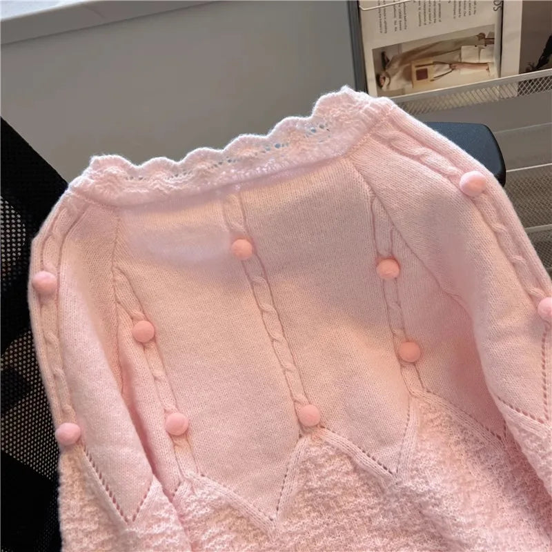 Hnewly  Korean Sweater Cardigan Women's Spring Autumn 2025 Versatile Soft Knitted Jacket Elegant Lace Single Breasted Long Sleeved Top