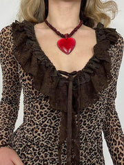 Hnewly Leopard Print Lace Ruffled T-shirt Vintage Long Sleeve Tee Shirts Y2K Aesthetic Fairycore Crop Top Female Coqutte Cloth