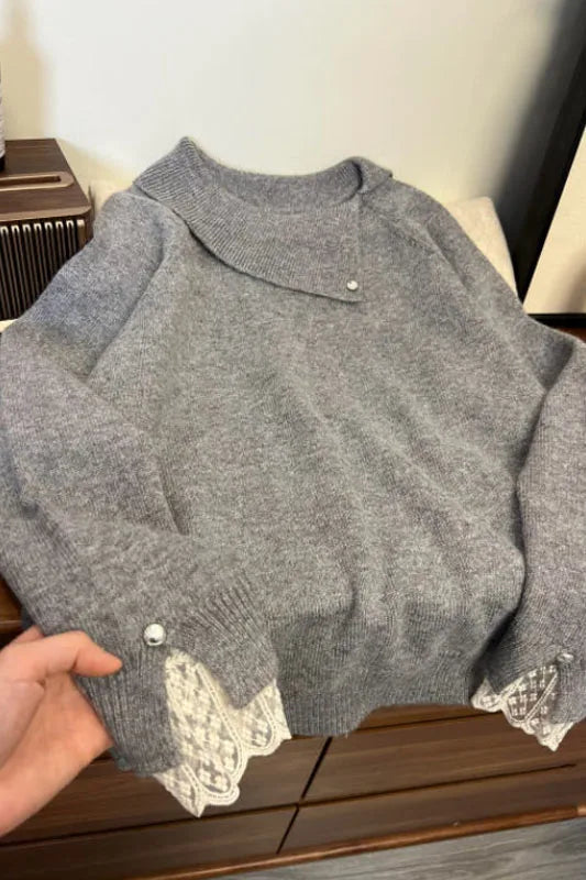 Hnewly  Lace Splicing Sweater Women Spring Autumn Temperament Turndown Collar Grey Knitted Pullover Loose Long Sleeved Soft Warm Top