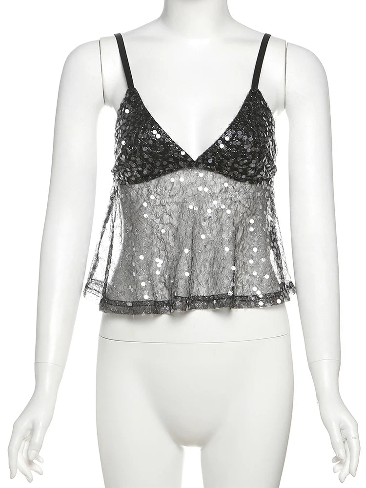 Hnewly  Sequins Patchwork Mesh Camisole Women v-Neck Sexy Backless Summer Trend Street Midnight Versatile Hottie Classic Tops