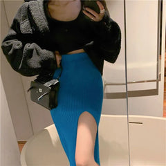 Hnewly skirt outfits winter Sexy Split Bodycon Long Skirt Women Elegant Slim Fit High-Waisted Knitted Skirts Woman Autumn Winter Package Hip Midi Skirt