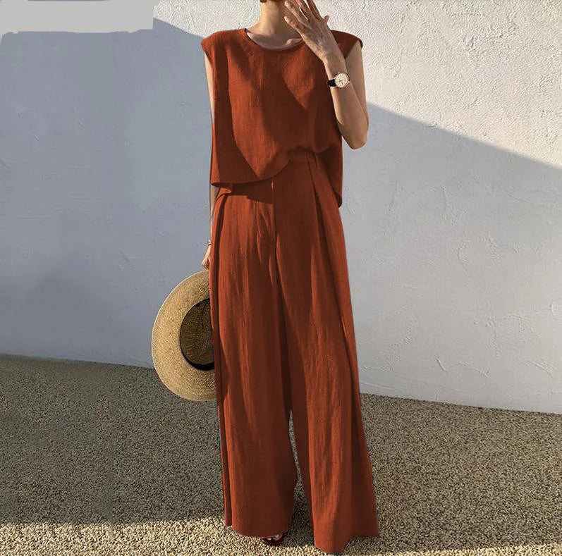 Hnewly Spring Summer Solid Color Cotton Linen Two Piece Set Women Fashion Sleeveless Tops Loose Wide Legs Pants Ladies Sets New