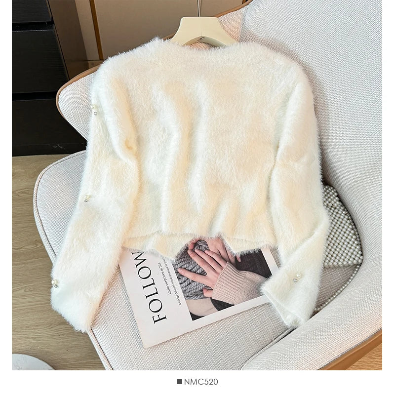 Hnewly  Beading O-Neck Plush Long Sleeved Sweater  Women's Autumn Loose Soft Glutinous Knit Cardigan Elegant Single Breasted Short Top