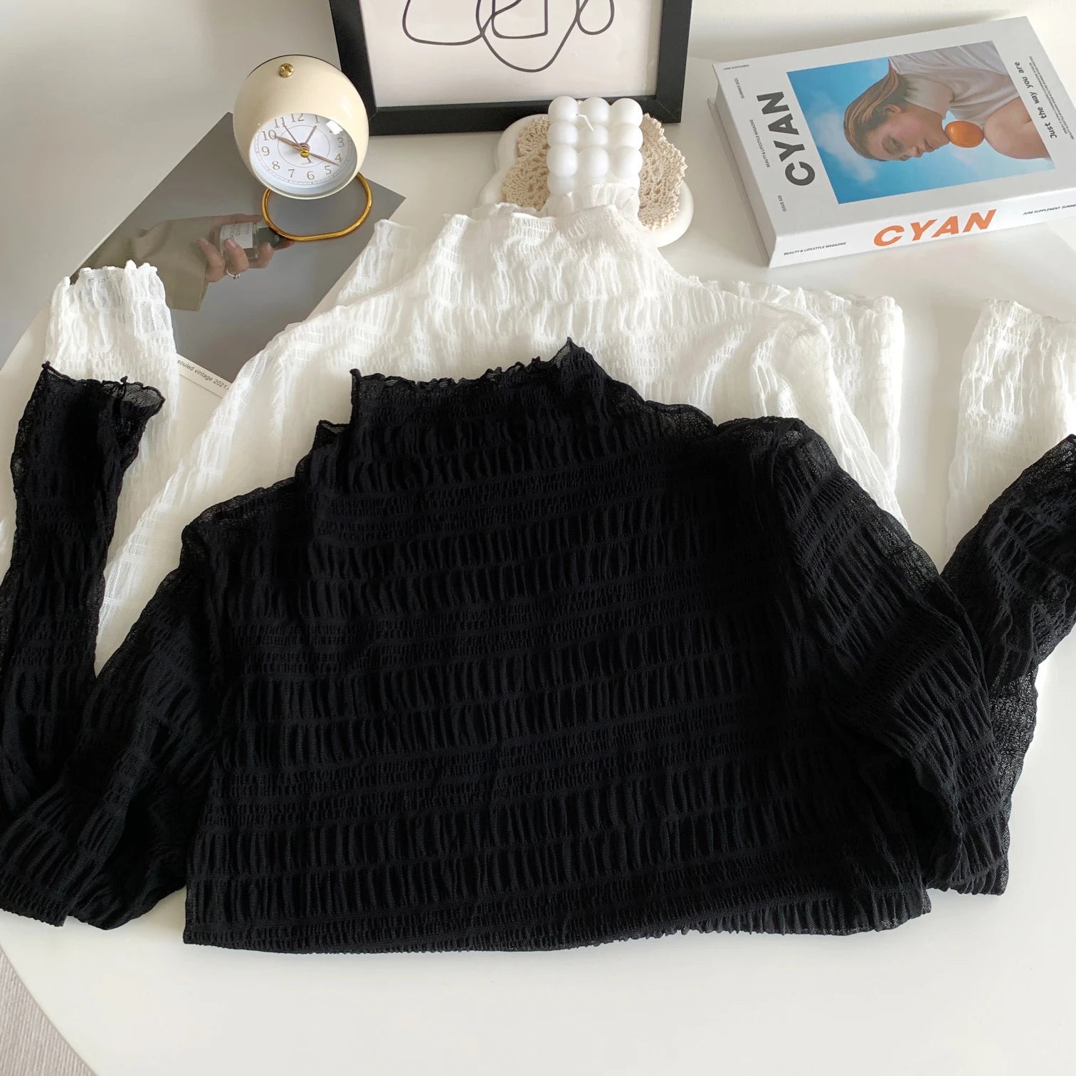 Hnewly Women T-Shirts Vintage Pleat Long SleeveTop Spring Autumn Mesh Fabric Lace Half Turtleneck Korean Fashion All-match Shirt